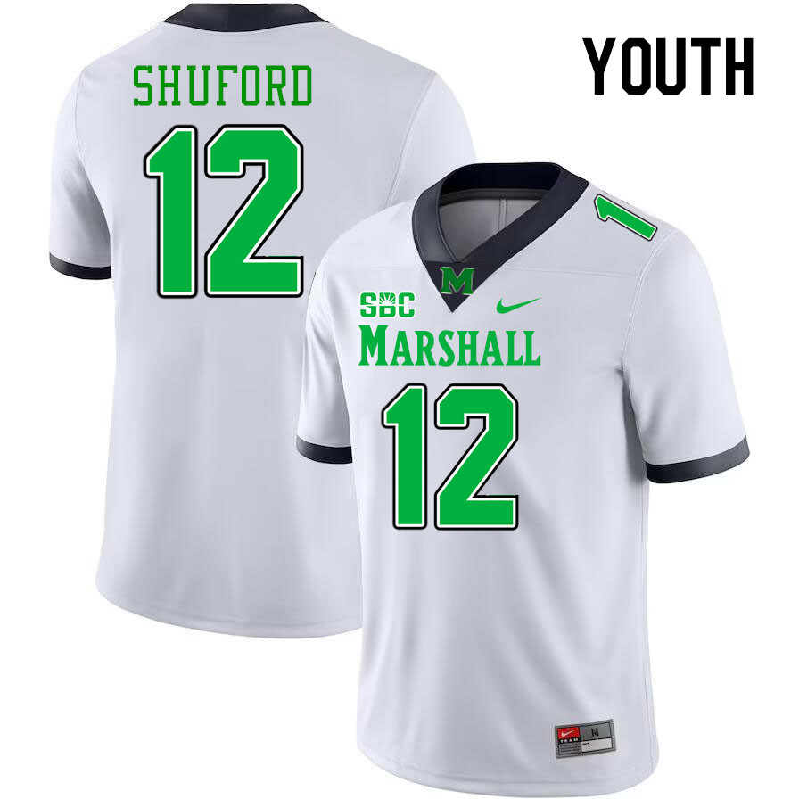 Youth #12 Jason Shuford Marshall Thundering Herd SBC Conference College Football Jerseys Stitched-Wh